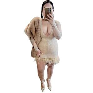 Woman's Tan Embellished Feather Trim Mini Dress Sz. S/M